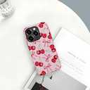Generic Case for iPhone 16 Pro Max - [Drop Protection Phone Cover] - Hybrid Case for Girl Women - Cherry Ribbon Bow Fruit Pink
