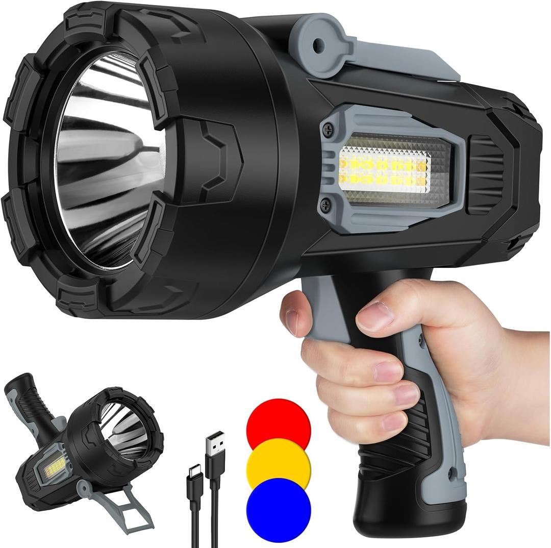 BEFAMALI Rechargeable Spotlight Flashlight 2000000 Lumens, Spot Lights Outdoor with Cob Light & Foldable Stand, 10000Ah Spot Light Long Runtime, Handheld Spotlights for Boating Hunting