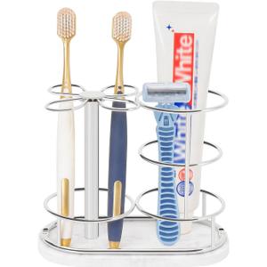 HarJue Toothbrush Holder Stand for Bathroom, Metal Toothbrush Organizer with Marble Base, Toothbrush Storage Collection for Family, Suitable for Home Hotel Countertop Vanity (Medium, Chrome Finish)