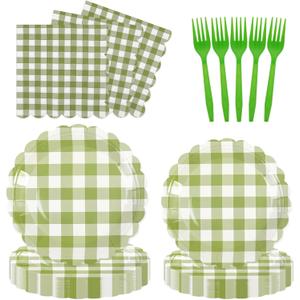 2 x 96Pcs Sage Green Gingham Party Supplies - 7&9 Inch Scalloped Paper Plates and Napkins Disposable Sage Green and White Plaid Party Decorations for Birthday Baby Shower Wedding,Serves 24