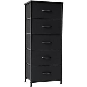 Crestlive Products Vertical Dresser Storage Tower - Sturdy Steel Frame, Wood Top, Easy Pull Fabric Bins - Organizer Unit for Bedroom, Hallway, Entryway, Closets - 5 Drawers(Black)