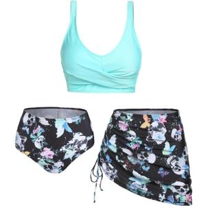 DRESSFO Women's High Waisted Bikini Sets with Cover Up Skirt 3 Piece Gothic Skull Swimsuit Padded Tummy Control Bathing Suit (XX-Large, Blue)