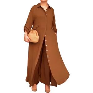 CHICME Womens 2 Piece Casual Outfits Long Sleeve Button Down Longline Shirt and Wide Leg Pants Set Lounge Set, Small