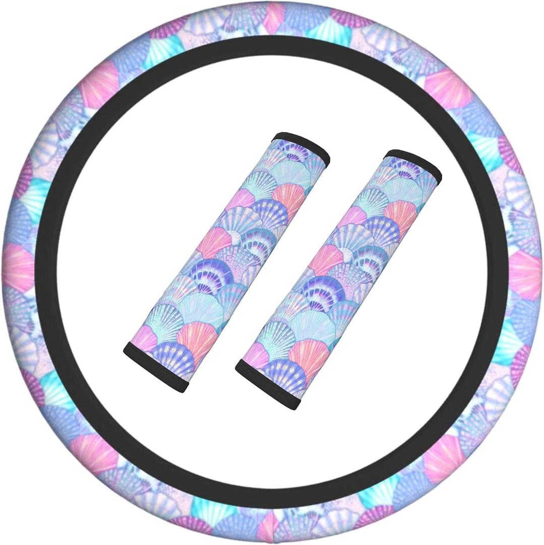 Mermaid Steering Wheel Cover Elastic Non-Slip Car Steering Wheel Covers with Seat Belt Shoulder Pad for Women Men