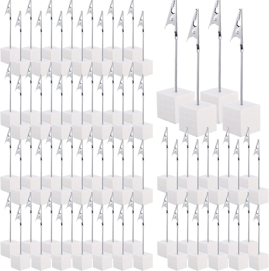 Gersoniel 100 Pcs Cube Base Memo Clip Holder with Alligator Clip Wood Table Number Holder Cube Base Place Card Stand Mini Photo Menu Stand for Displaying Number Card (White)