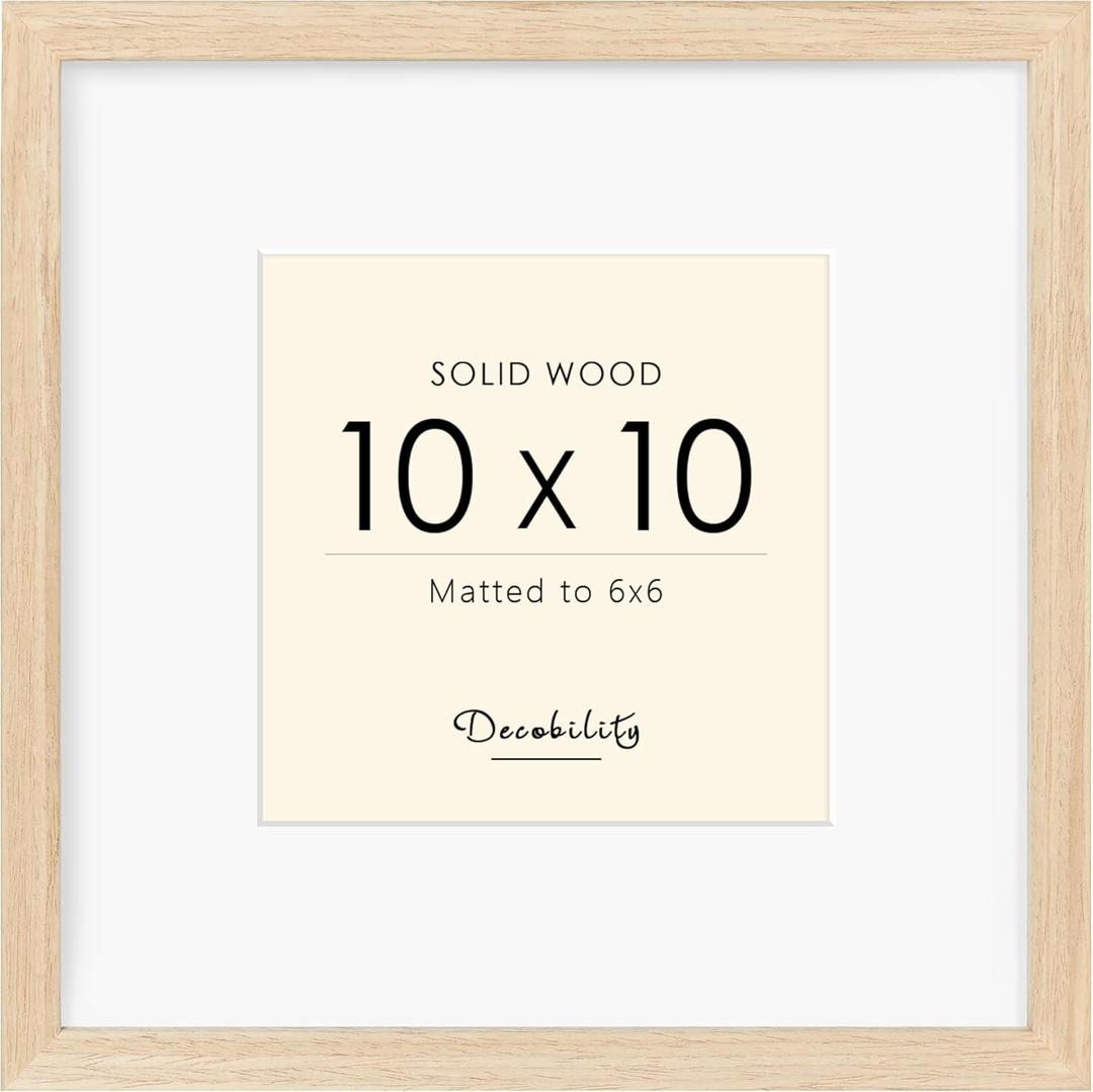 10x10 Picture Frame Made with Solid Wood, Display 6x6 with Mat or 10x10 Picture without Mat, 10 by 10 Natural Wood Picture frame with Tempered Real Glass, Tabletop or Wall Mounting Display, Oak