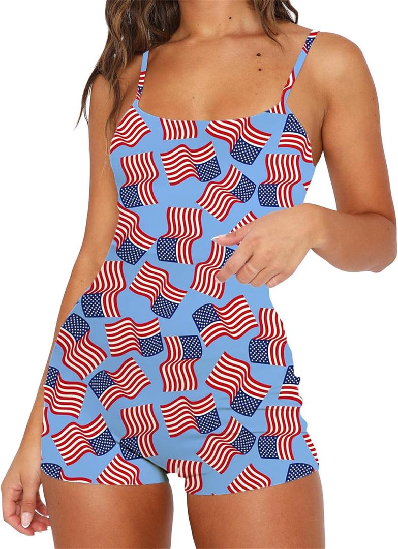 Mylleure 4th of July Onesie Pajamas for Women American Flag Sexy Bodycon One Piece Pjs Shorts Jumpsuit Romper Club Sleepwear (Blue, Large)