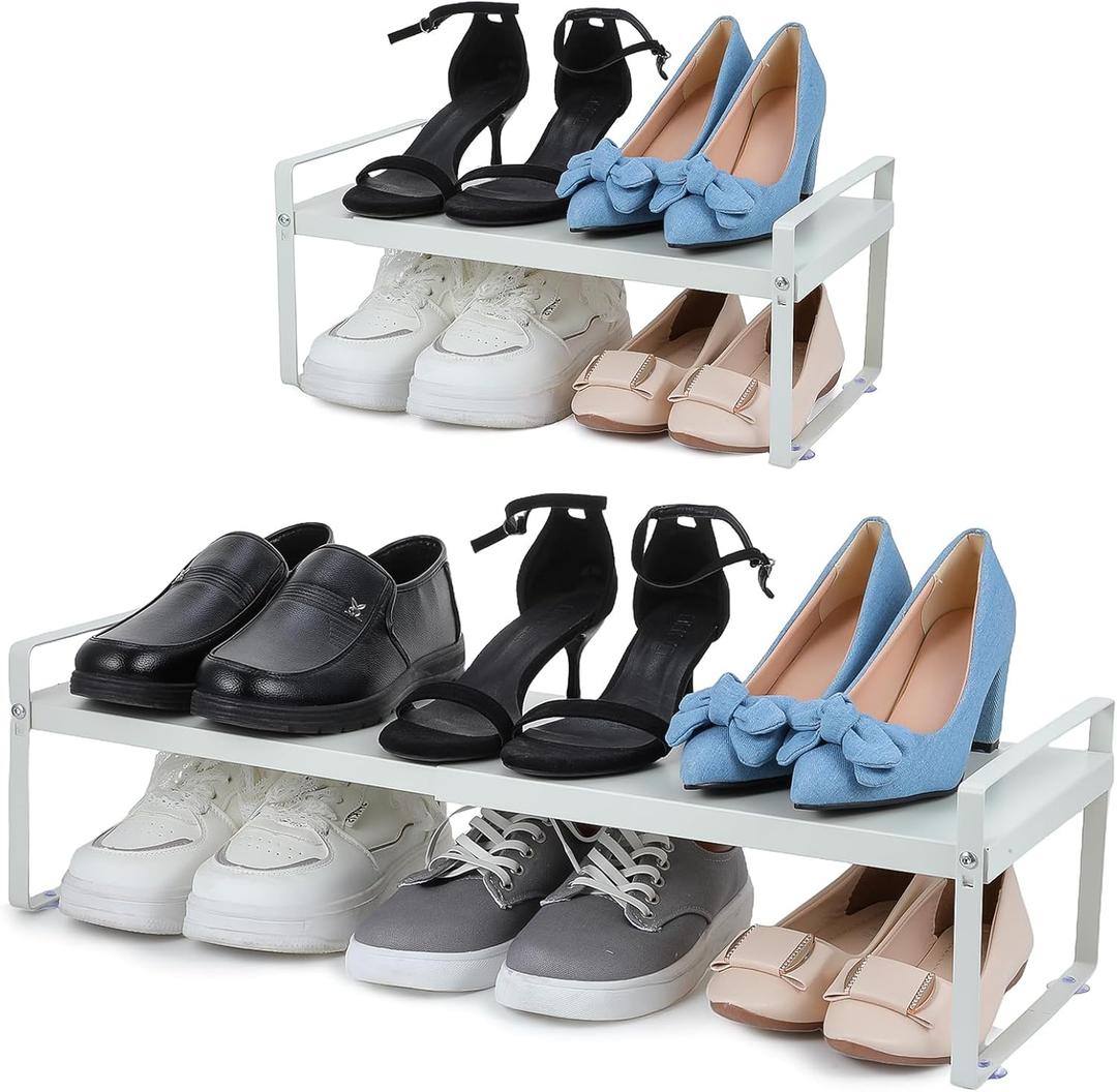 1-Tier Expandable Shoe Rack, Adjustable Closet Shoe Storage Organizer, Heavy Duty Metal Shoes Shelf, Stackable Free Standing Rack for Small Space (H:7")