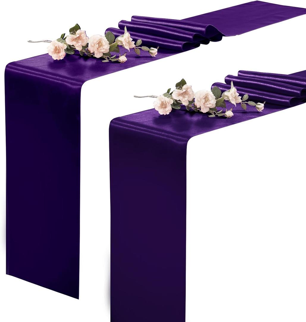 KKJIAF 2 Pack Purple Table Runners 12 x 108 Inch, Rectangular Smooth Satin Silk Table Runner for Wedding, Banquet, Birthday Party Decoration