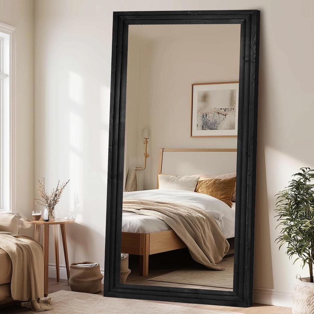 Full Length Wood Mirror 76x34 - Rustic Solid Wood Floor Mirror with Triple Layer Frame, HD Tempered Glass, Wall Mounted or Leaning Standing Mirror Vintage Black Mirror for Bedroom Bathroom Living Room