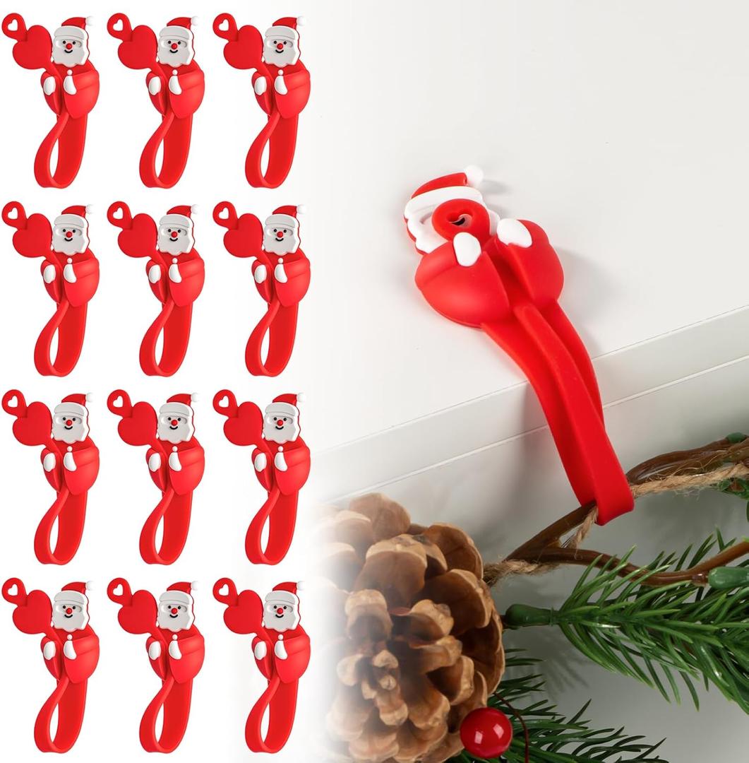 12 Pcs Christmas Garland Hooks Garland Hanger for Mantle Xmas Stocking Holder Silicone Adhesive Straps Ties for Wreath Door Frame - Red Santa Claus