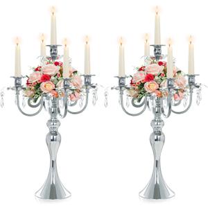 2 Pcs 20.3'' Tall 5 Arm Silver Candelabra Centerpiece for Table, Metal Crdystal Candle Holder, Retro Candlestick Table Centerpieces for Party, Events, Home, Wedding Decor (2, Silver)
