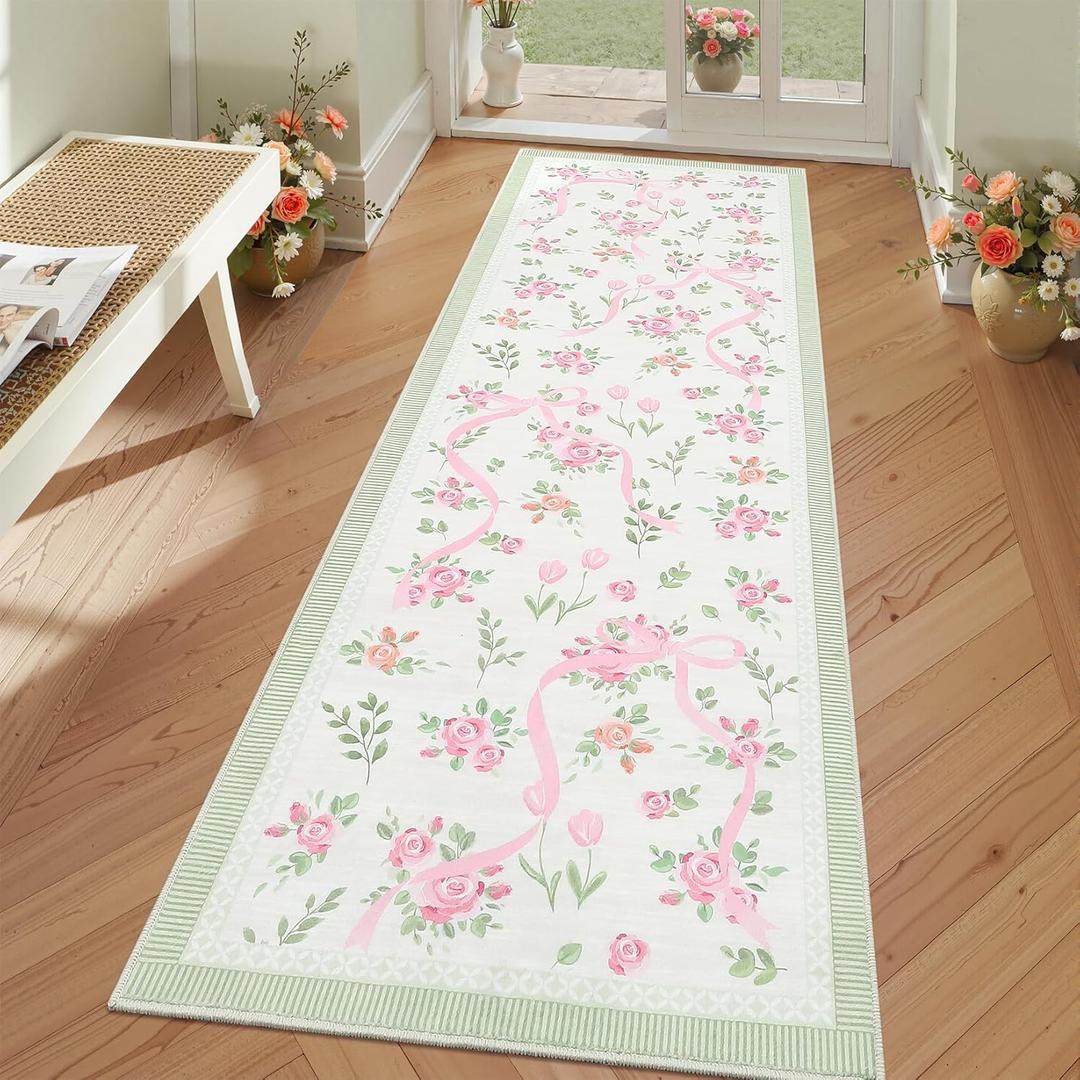 GarveeHome Runners for Hallways Non Slip, 2x6 Kitchen Runner Rug Pink and Green Rugs for Entryway Girls, Low Pile Soft Washable Runner Floral Bow Rug for Bedroom Dorm Nursery