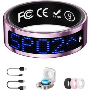 Smart Ring for Women & Men with Display, Health Ring with Heart Rate, Sleep Monitor, IP68 Waterproof Fitness Ring, Fitness Tracker Ring, No APP Fee for iPhone and Android (Pink, 9#)