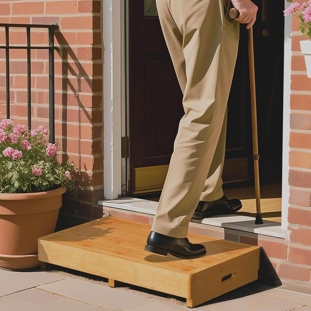 Homerays One Step Stool for Elderly,Bamboo High Riser Step Stool for Bed with Fluorescent Function No Assembly Required - 550 Lbs Wooden Mobility Stepping Stool for Bedside,Bathroom,Garden