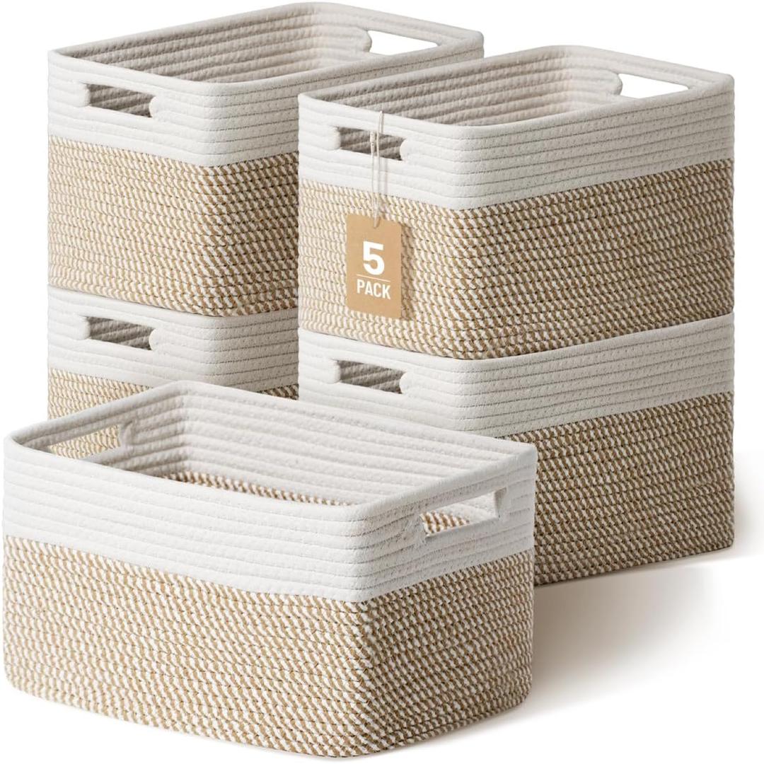 5 Pack Woven Storage Baskets for Shelves, Decorative Basket Organizer Storage Bins for Toys, Books, Clothes, Closet, Nursery, Bathroom  Cotton Rope Shelf Baskets for Organizing, Khaki & White