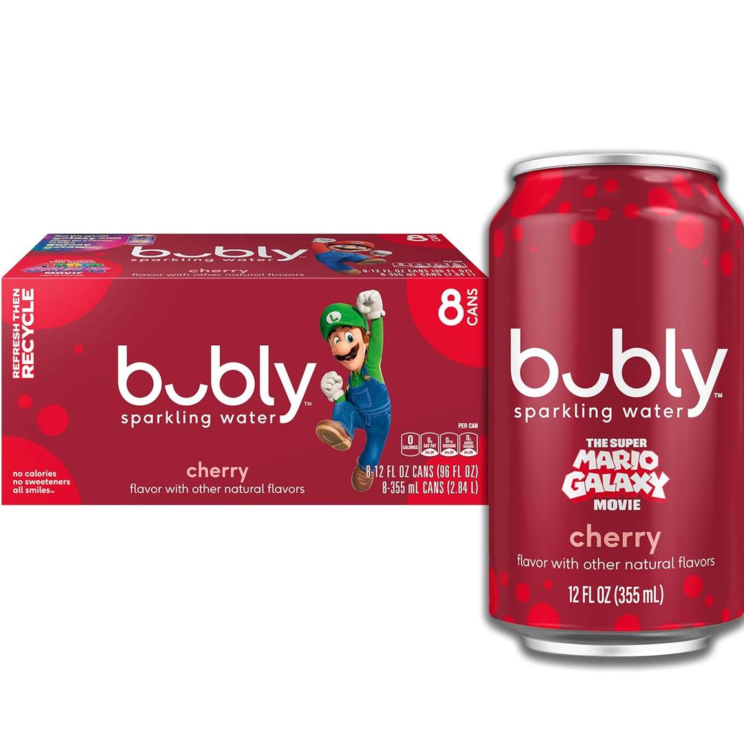 bubly Sparkling Water, The Super Mario Galaxy Movie Cherry, Zero Sugar & Zero Calories, 12 Fl Oz Cans (Pack of 8), Packaging May Vary (EXP 11/09/26)