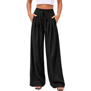 PRETTYGARDEN Womens Spring Wide Leg Dress Pants Business Casual Work High Waist Baggy Tie Trousers Pleated Palazzo Slacks (Large, Black)
