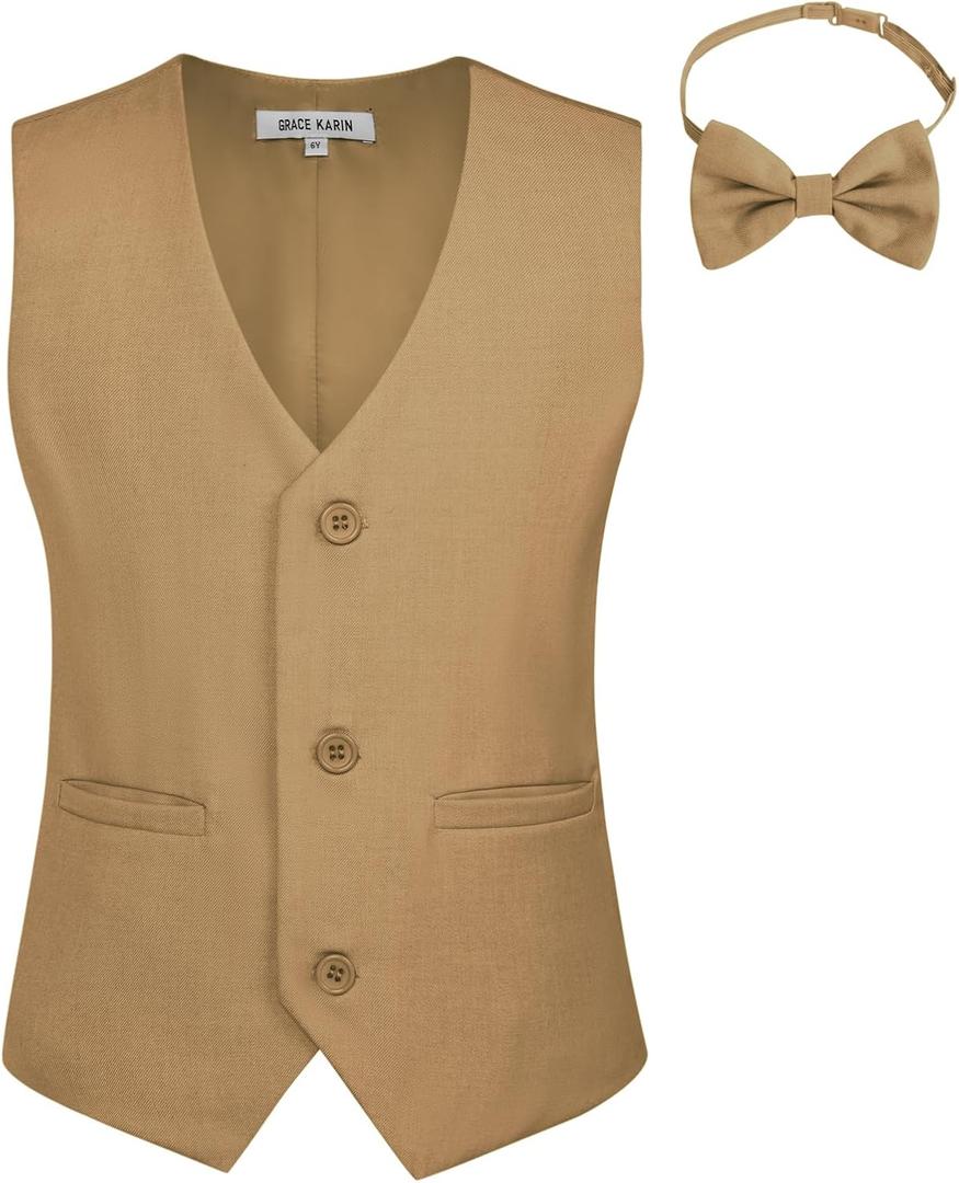 GRACE KARIN Boys 3 Button Formal Suit Vest with Tie Dark khaki 8Y, Brown