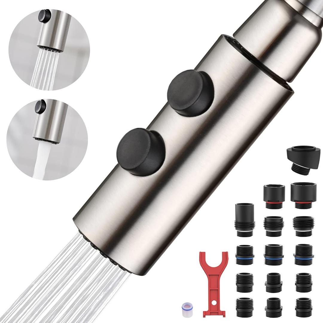 TIORIY Metal Kitchen Faucet Head Replacement, Pull Down Spray Head with 15 Adapters, 2 Function Kitchen Sink Spray Nozzle, Stainless Steel, Brushed Nickel