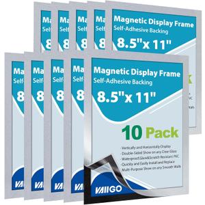 10Packs Magnetic Sign Holder 8.5 x 11, Self Adhesive Display Picture Frame with Magnetic Frame and Clear PVC for Office Store Home Door Window Refrige Magnetic Paper Holder, Silver