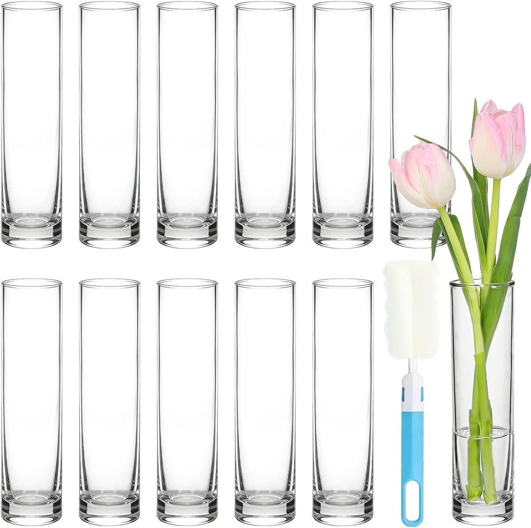 TBWIND 12pcs Glass Cylinder Bud Vases for Centerpieces, 7.5 Inch Clear Slim Flower Vases for Single Stems, Small Glass Vases in Bulk for Wedding Table Party Home Decor