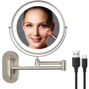 Rechargeable Wall Mounted Lighted Makeup Vanity Mirror 8 Inch Double Sided 1X 10X Magnifying Bathroom Mirror, 3 Color Lighting, Touch Screen Dimming, Extended Arm 360 Rotation Shaving Light up Mirror (Brush Nickel)