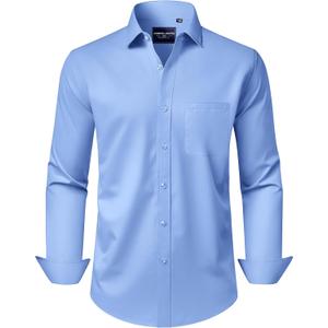 Alimens & Gentle Men's Dress Shirts Long Sleeve Wrinkle-Free Stretch Shirts Solid Formal Button Down Shirt with Pocket (XX-Large, Blue)