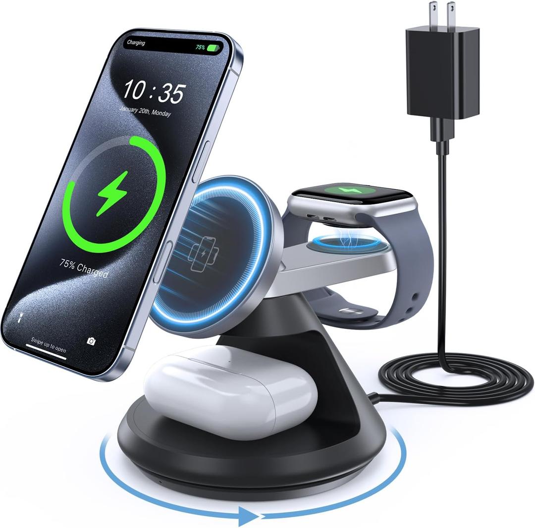 3 in 1 Charging Station for Apple MagSafe Charger Compatible, 15W Magnetic Wireless Charger Stand, 360 Rotating Dock, Wireless Charging Station for iPhone 16 15 14 13 12 Series for iWatch for AirPods (Black)