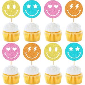 24 Pack Smile Face Cupcake Toppers Y2k Pink Party Bachelorette Cupcake Picks Lightning Star Birthday Party Supplies