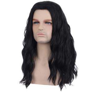 BERON Mens Black Long Wigs Man Curly Natural Black Halloween Cosplay Costume Party or Daily Use Wig Middle Part Hair Wigs