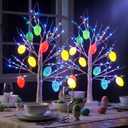 VIHOSE 4 Pcs Easter Decoration 2ft LED Lighted Birch Tree & 2 String of LED Easter Eggs, 3 Aa or USB Powered, Tabletop Spring Decor for Home Mantel Indoor Office Bedroom