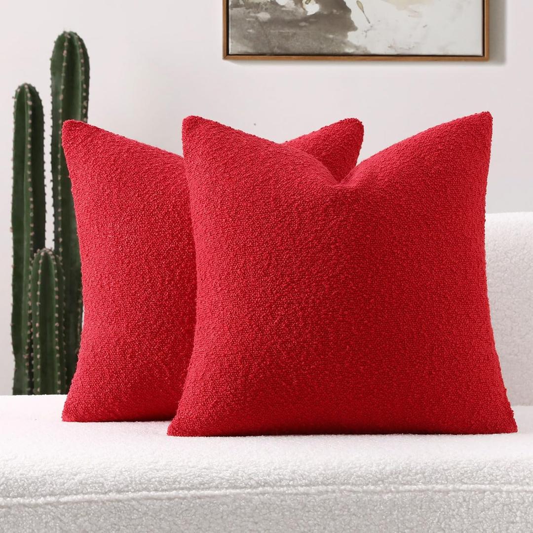 FUTEI Pack of 2 Red Decorative Throw Pillow Covers 20x20 Inch Soft Cozy Solid Boucle Textured Cushion Case, Modern Home Decor for Couch Bed Living Room