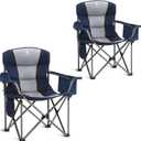 ALPHA CAMP Oversized Camping Folding Chair Heavy Duty with Cooler Bag Support 450 LBS Steel Frame Collapsible Padded Arm Quad Lumbar Back Chair Portable for Lawn Outdoor,Blue