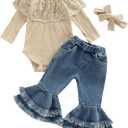 fhutpw Newborn Baby Girl Clothes Infant Rib Frill Long Sleeve Romper Flared Pants Headband Set 3pcs Fall Winter Outfits (Beige)