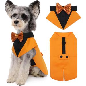 Kuoser Dog Tuxedo Suit and Bandana Set, Pumpkin Color Dogs Thanksgiving Outfit Adjustable Dog Halloween Costume with Bow Tie for Large Medium Small Dogs Golden Retriever Samo Bulldogs, M (Medium (pack of 1))