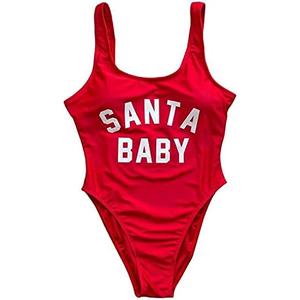 MUZHI Bride Retro One Piece Swimsuit Wifey Squad Swimwear Removable Pad Bathing Suit for Bridal Party Gift (Large, Santa Baby, Red)