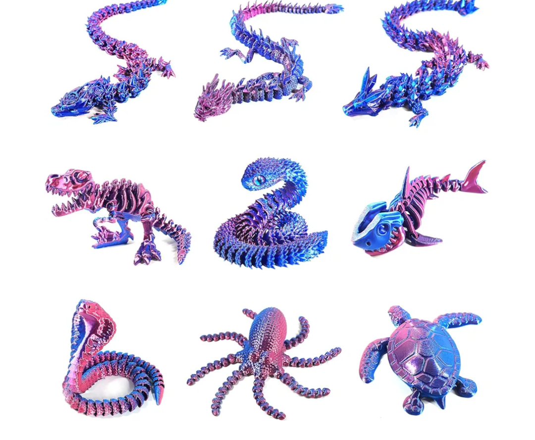 9PCS 3D Printed Dragon 3D Printed Animals Include 3D Printed Snake, Dinosaur, Octopus, Sharks, Turtle, Cobra and 3 Style Dragons, 3D Printed Toys Stuff for Home, Office, Decor Christmas Birthday Gift