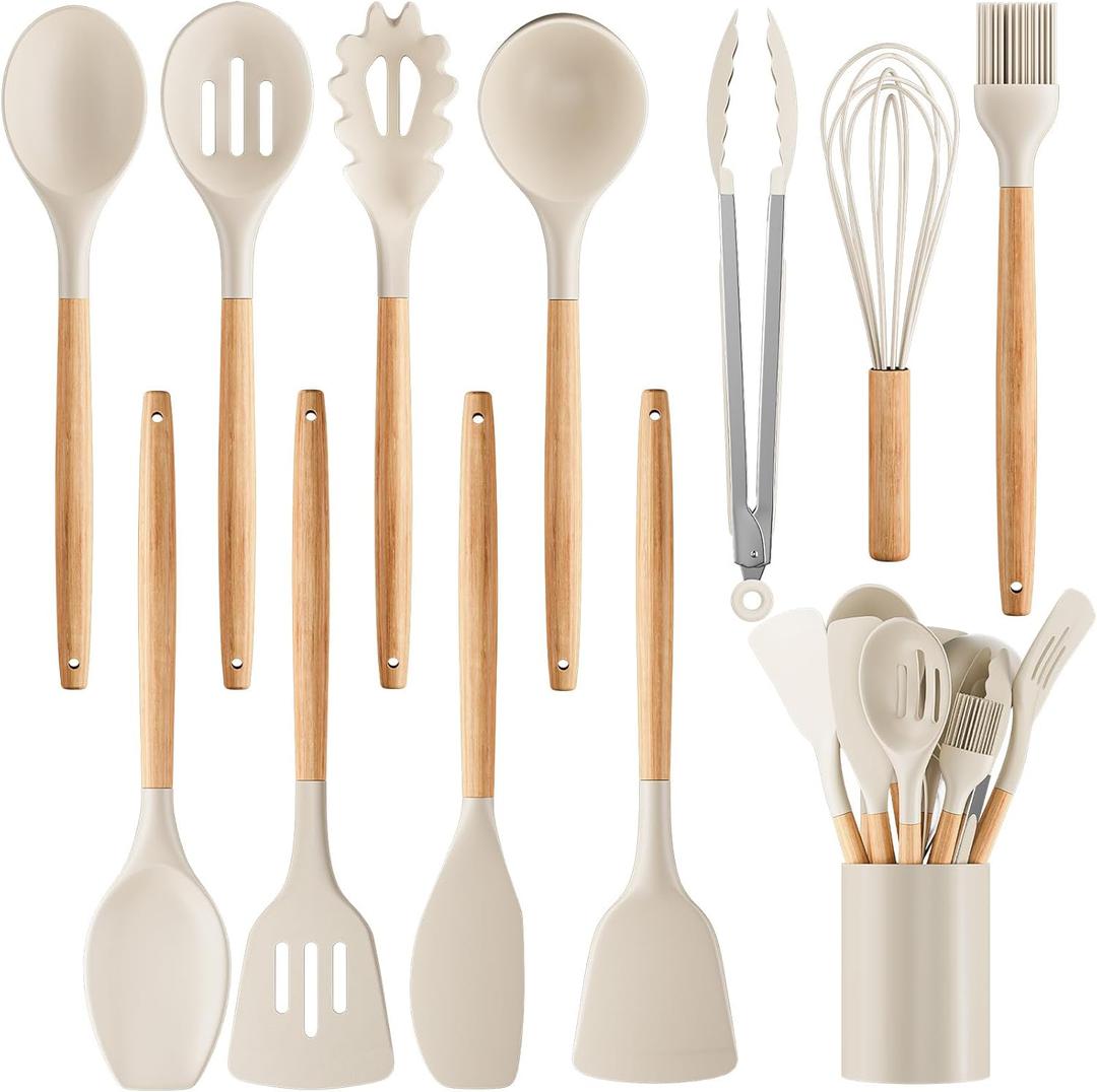 Silicone Cooking Utensil Set,12 PCS Cooking Cookware Kitchen Utensils Set for Cooking, Nonstick 446°F HeatResistant Cookware Kitchen Tools of Spoon,Brush,Whisk,Spatula,Turner Tongs (Khaki)
