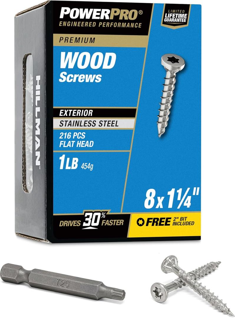 Power Pro 48619 Wood Screws, #8 x 1-1/4", Premium Stainless Marine Screws, Rust Resistant, Stainless Steel, 1lb Box, 242 pcs (Silver)