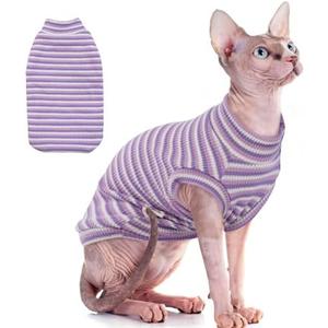 Sphynx Hairless Cat Shirt Rainbow Stripe Kitten T-Shirt With Sleeves, Turtleneck Stretchy Sweater, Pullover Pajamas Jumpsuit, Round Collar Vest for Sphynx, Devon, Cornish Cat Clothes