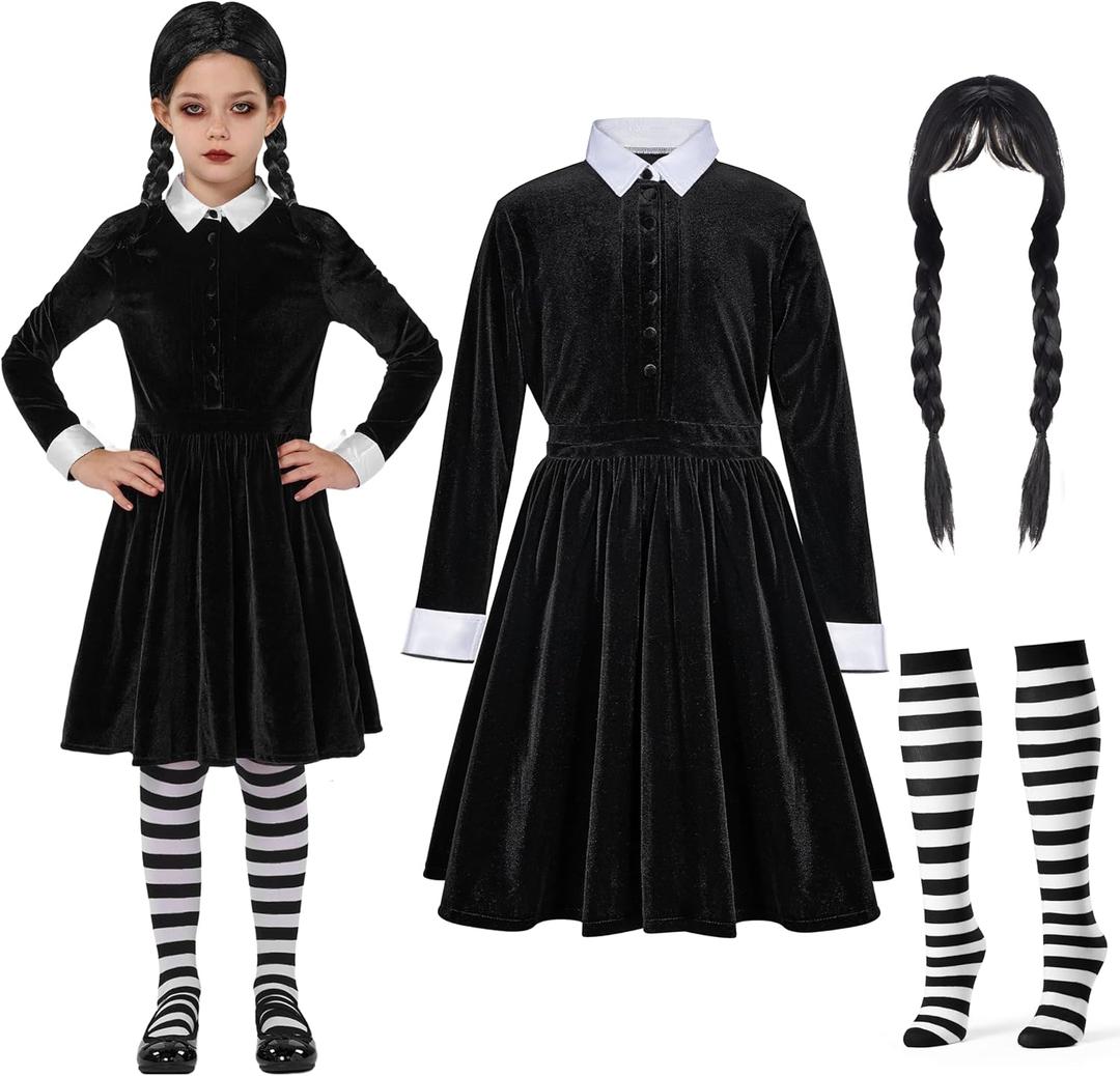 Spooktacular Creations Girls Collar Black Dress, School Girl Costume with Wig, Skater Dress for Toddler Halloween Cosplay (Large(10-12 yrs))