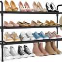 Long Shoe Rack for Closet, 12-16 Pairs Stackable Shoe Organizer, Shoe Shelf Storage for Sneakers & Boots Shoe Storage for Entryway Dorm Garage, Black, with 5 Hooks