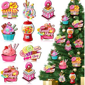 24 Pcs Christmas Candy Ornaments Pastel Wooden Christmas Tree Decorations Candy Cane Cake Lollipop Ice Cream Ornaments with Rope for Home Xmas Tree Topper DIY Party Decor