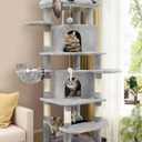Globlazer Corner Cat Tree for Large Cats, 66inch Tall Curved Series Large Cat Tower for Multiple Indoor Cats with 6 Scratching Posts, 2 Spacious Cat Condos, Hammock, Hanging Basket, C66, Light Grey