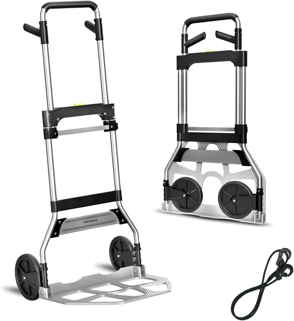 Teprovo Folding Hand Truck Dolly Cart,340LB Capacity Portable Aluminum Dolly Cart with Telescoping Handle and 7 Inch Rubber Wheels for Moving,Shopping,Travel,Office Use