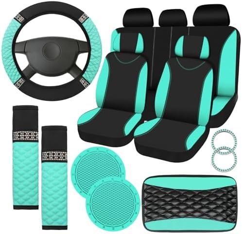 Fulmoon 17 Pcs Car Accessories Set for Women Seat Bling Leather Steering Wheel Cover Seat Belt Shoulder Pad Armrest Cup Holders Covers Full Crystal Decor Automotive Interior(Mint Green and Black)