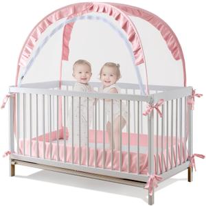 Lazyzzzz Crib Tent - Pop Up Crib Canopy with Double Zipper Self-Locked, Mosquito Net Mesh Crib Net to Keep Baby from Climbing Out, Portable Easy Install 55" L x 27" W x 51" H Pink