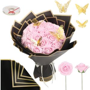 Artificial Roses 25PCS Pink Roses 3.15" Foam Flowers Bulk with Wrapping Paper, Butterfly Real Looking Light Pink Fake Flowers for Valentines, Anniversary,Mother's Day Birthday Wedding