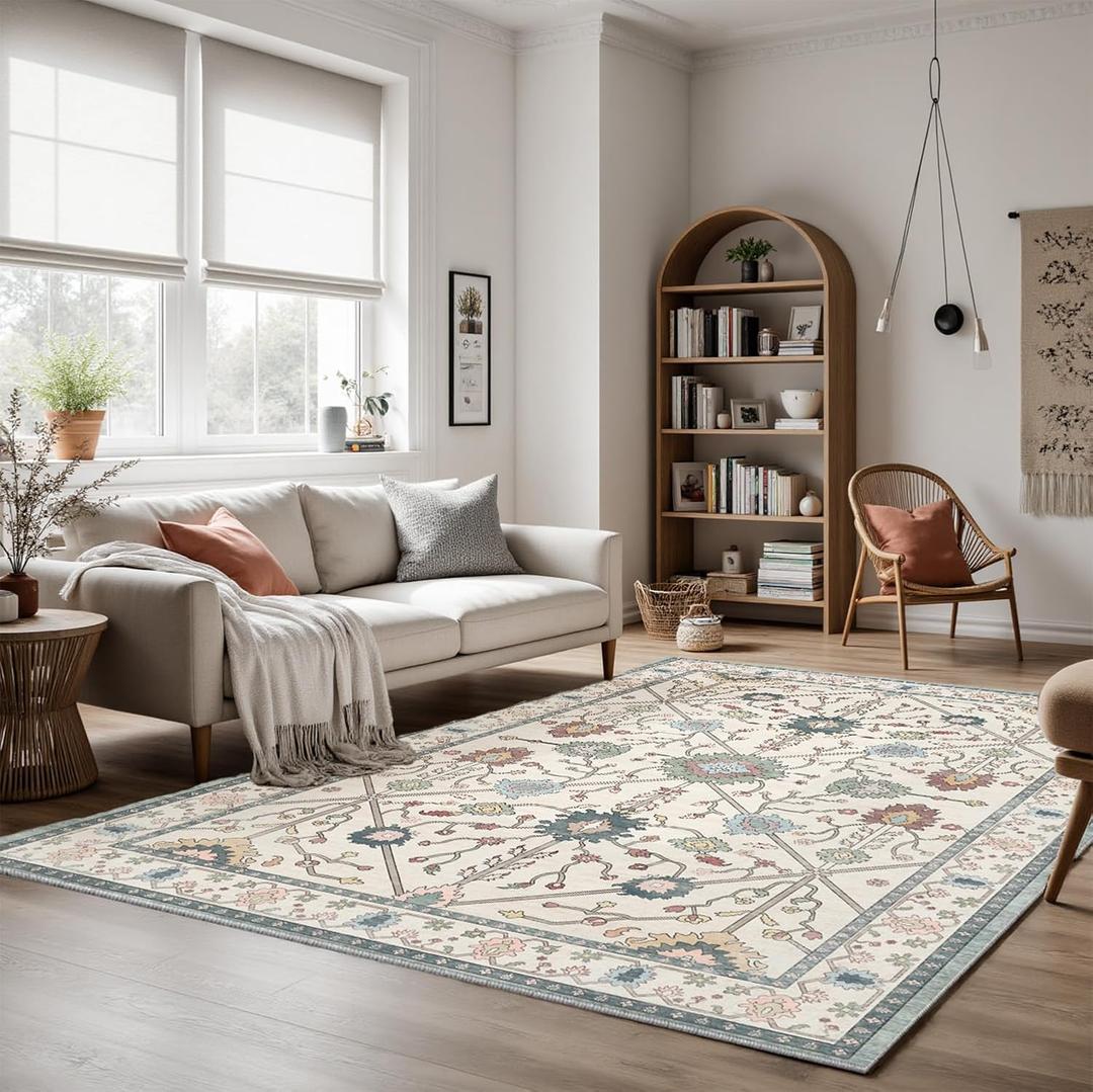 Boho Vintage Floral Area Rug 6x9 Green White, Machine Washable Low Pile Faux Wool Rug, Soft Non-Slip Durable Carpet for Living Room, Bedroom, Office, Entryway